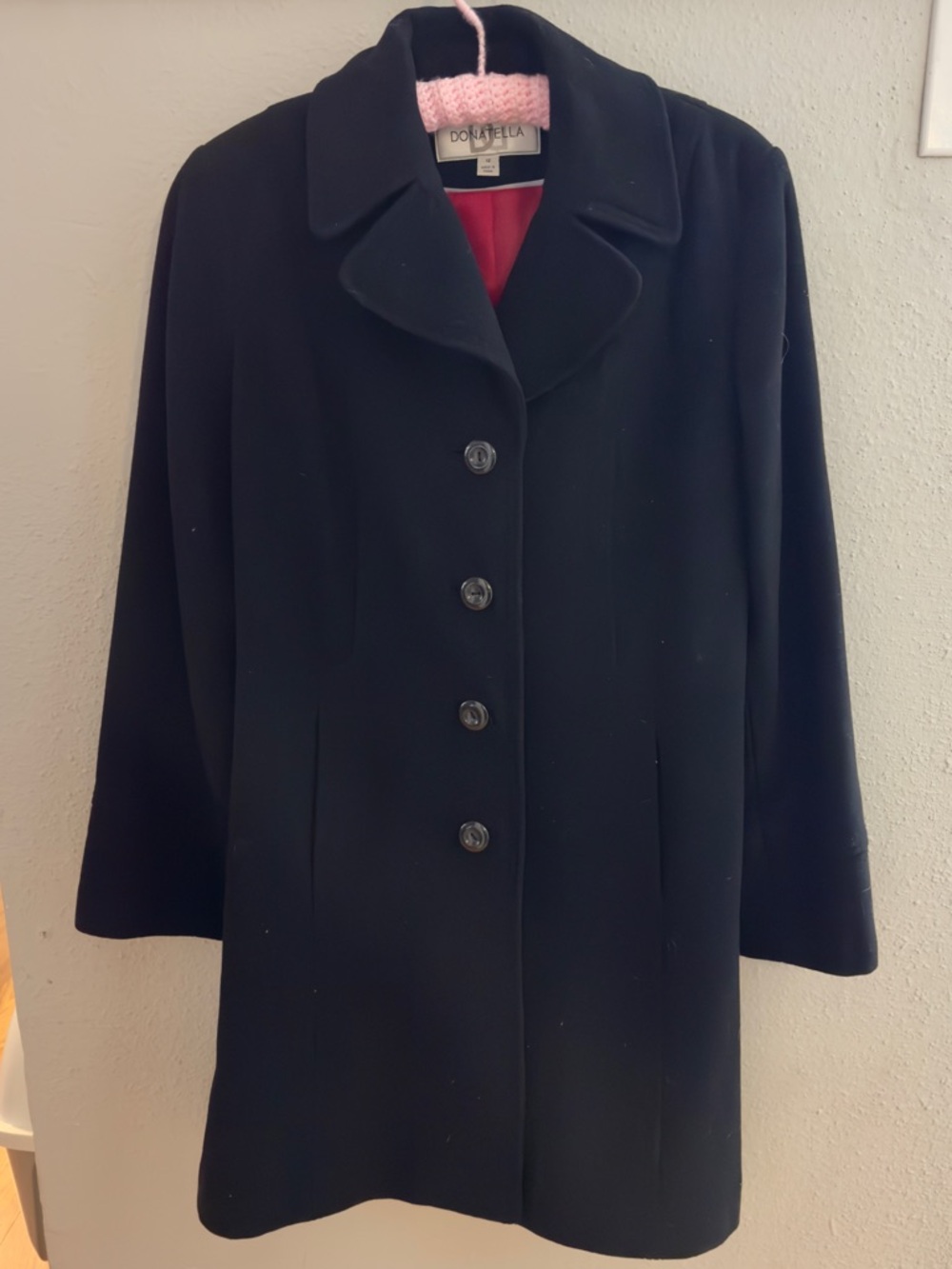Donatella Wool & Cashmere Blend Mid-Length Coat Black Red Lining Size 12